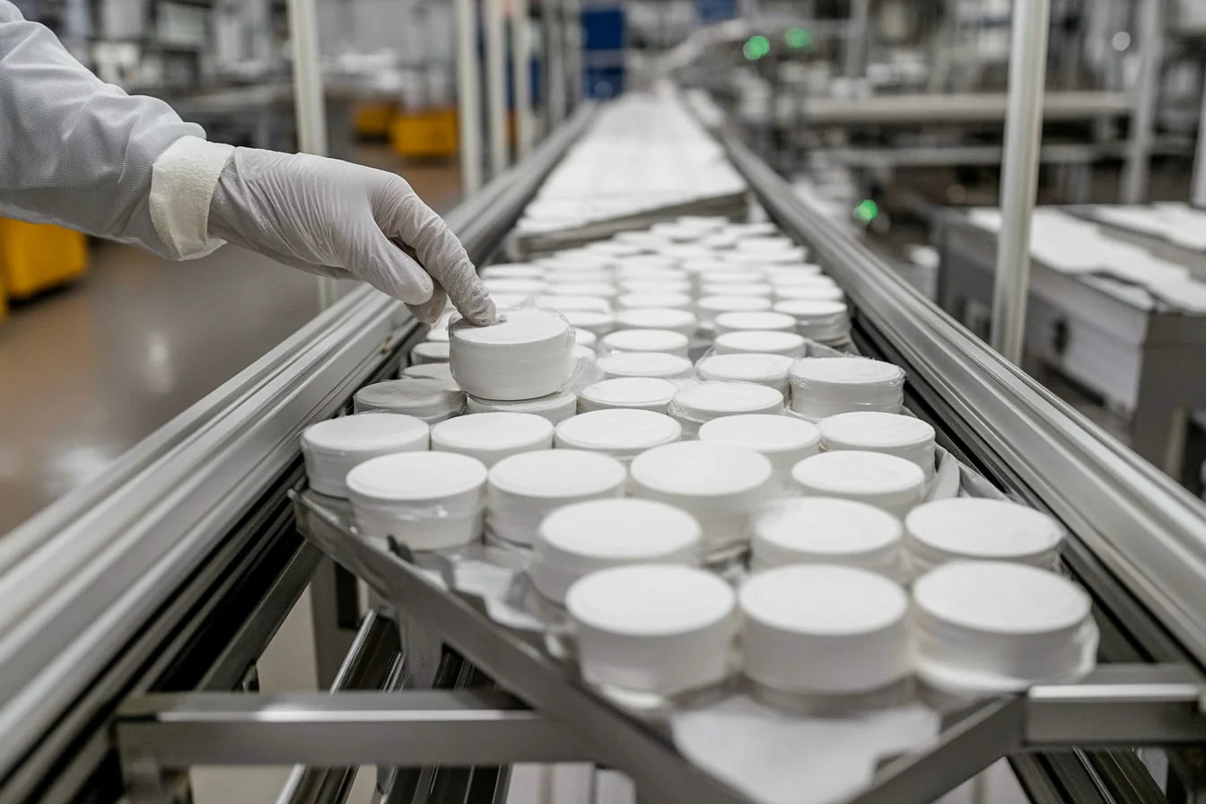 A modern OEM nicotine pouch production line featuring unbranded cans, showcasing automated filling, sealing, and labeling processes in a GMP and ISO-certified facility. Ideal for private label and white label nicotine pouch manufacturing.